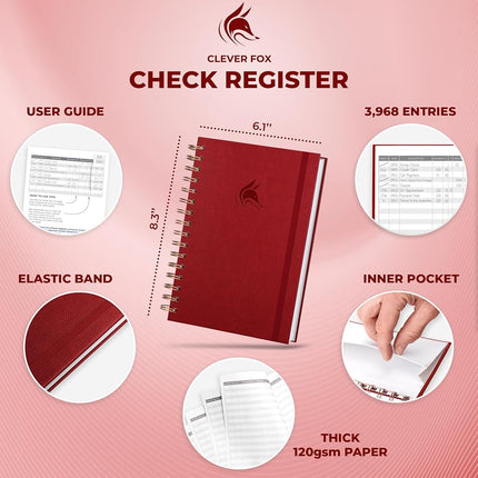 Clever Fox Check Register for Personal Checkbook – Checking Book Register – Checkbook Register – Accounting Ledger Book – 3968 Entry Lines, 6.1" x 8.3", Spiral Binding, Hardcover, Red