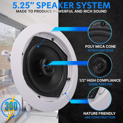 Ceiling and Wall Mount Speaker - 5.25” 2-Way 70V Audio Stereo Sound Subwoofer Sound with Dome Tweeter, 300 Watts, In-Wall & In-Ceiling Flush Design for Home Surround System - Pyle PDIC53T (White)