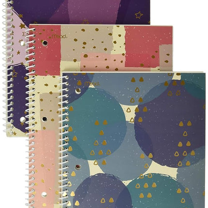 Cuaderno espiral Mead, 1 materia, a rayas universitarias, 70 hojas, 10-1/2" x 7-1/2", Shape It Up, morado, verde azulado, rosa, paquete de 3 (38191)