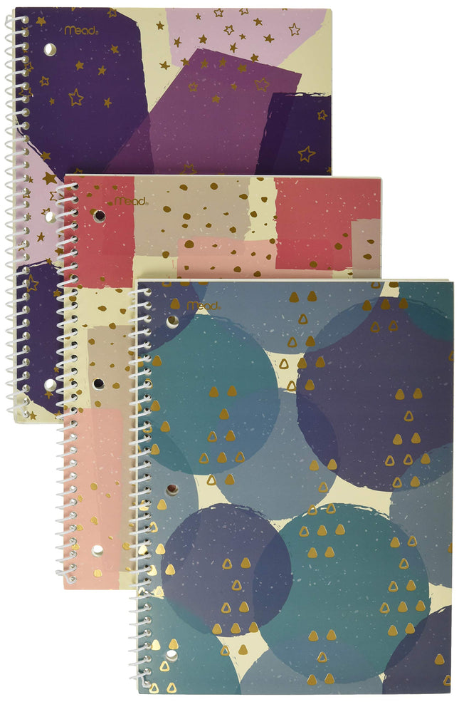 Mead Spiral Notebook, 1 Subject, College Ruled, 70 Sheets, 10-1/2" x 7-1/2", Shape It Up, Purple, Teal, Pink, 3 Pack (38191)