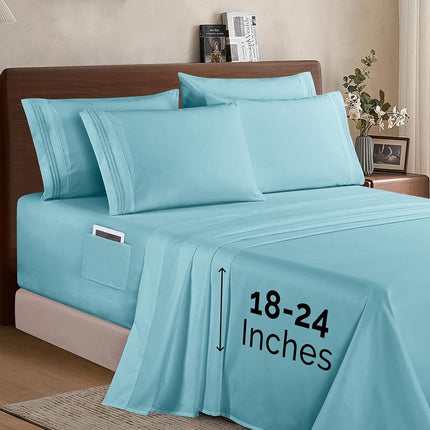 Elegant Comfort 1500 Premium Quality 6-Piece Bed Sheet Set - 18-24 Inch Extra Deep Pocket, Smart Storage Pockets, Wrinkle Free Ultra Soft 6PC Extra Deep Pocket Sheets, Queen, Aqua