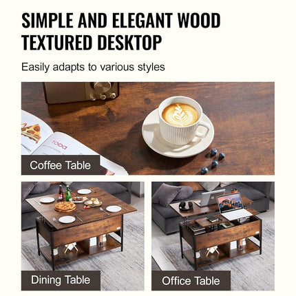 VEVOR Lift Top Coffee Table, 39.4 in Rectangle Coffee Table with Extra Storage Pockets, Flipable Coffee Table with Power Strip & USB & Ambient Lighting for Living Room, Brown