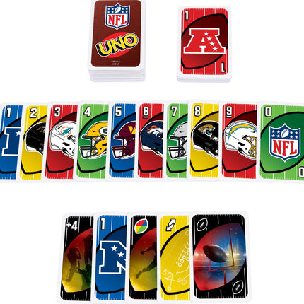 Mattel Games UNO NFL Juego de Cartas en Lata para Niños, Adultos, Fiestas y Viajes con Logotipos de Equipos de la NFL y Regla Especial (Exclusiva de Amazon)