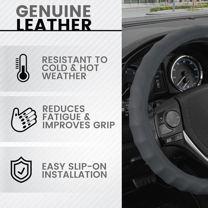 BDK Funda de Piel Genuina Gris para Volante de Coche, Mediana (14.5" - 15.5") – Agarre Ergonómico Cómodo para Hombres y Mujeres, Funda Universal para Volante de Coche para la Mayoría de Vehículos