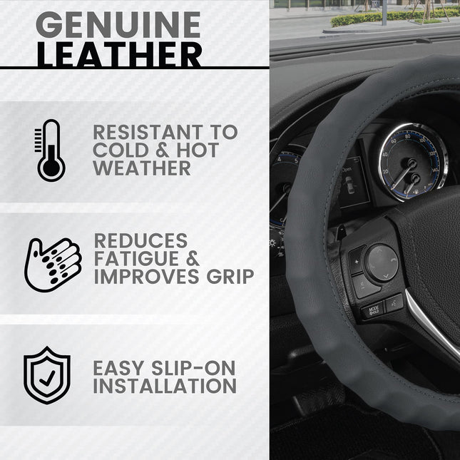 BDK Genuine Gray Leather Steering Wheel Cover for Car, Large 15.5-16 inch – Ergonomic Comfort Grip for Men & Women, Car Steering Wheel Cover for Vehicles with Large Steering Wheels