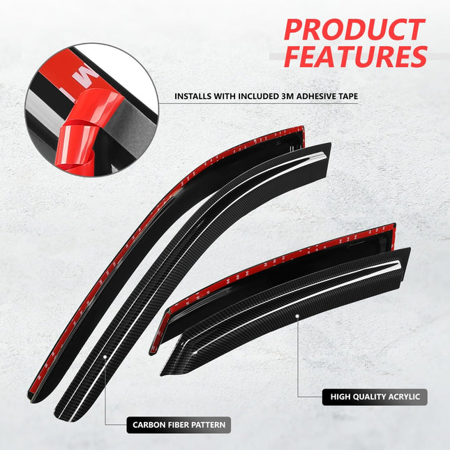 DNA MOTORING Juego de 4 viseras de ventana estilo fibra de carbono con cinta deflectora de lluvia/sol compatible con Audi A4 / S4 2002-2008, RS4 2007-2008, WVS-T2-0180-CF