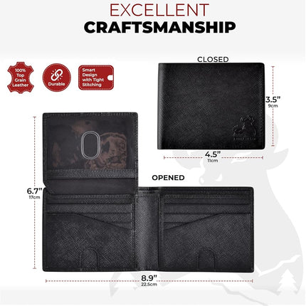 BULL GUARD Portefeuille en cuir pour homme, RFID, pliant, avec porte-cartes d'identité relevable, en cuir Saffiano noir