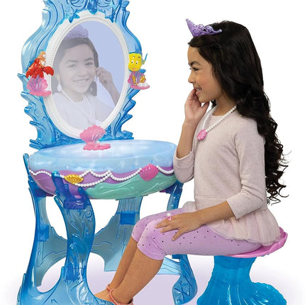 Disney Princess Ariel Vanity for Girls with Lights & Sounds, Plays Under The Sea - Magical Light Up Effect Looks Just Like Water! Pretend Play Girls Vanity Set with Mirror and Stool