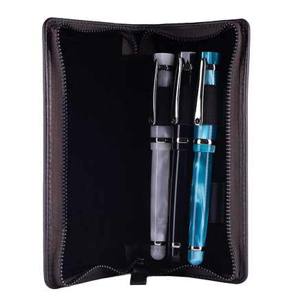 DiLoro Leather Zippered Triple or Quad Pen Case Pencil Pouch Holder for Three or Four Fountain Ballpoint Rollerball Pens or Glasses (Nappa Brown)