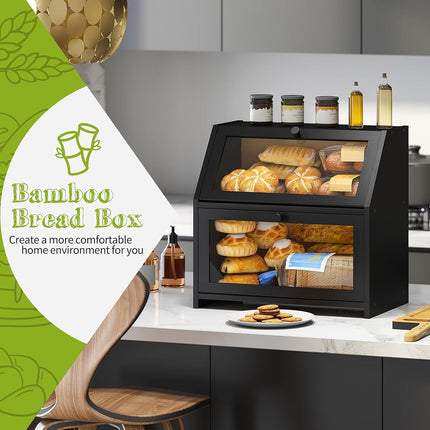 BMOSU Bread Box With Cutting Board - Kitchen Storage Organizer, Farmhouse Countertop Double Bamboo Wood Box (Black)
