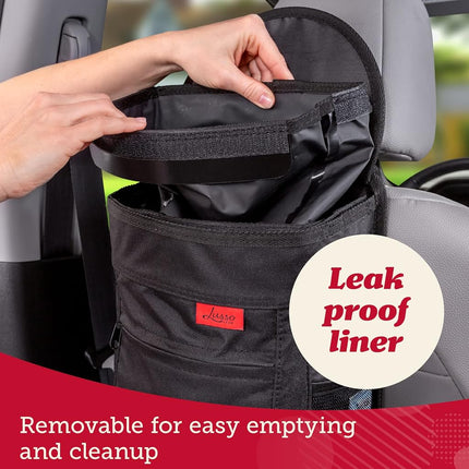 Poubelle de voiture anti-débordement Lusso Gear, pour détritus – Doublure amovible et poches de rangement – Garde la voiture, l'auto, le moteur propre, organisé et sans odeur – Grande capacité de 9 L (noir)