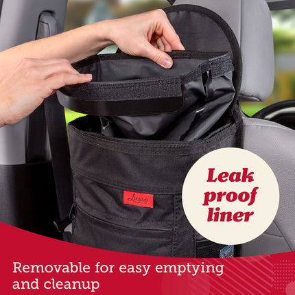 Lusso Gear Spill-Proof Car Bin, Car Trash Can for Rubbish - Removable Liner & Storage Pockets - Keep Car, Auto, Motor Tidy, Organised & Odor Free - Large 9L Capacity Garbage Bin (Black)