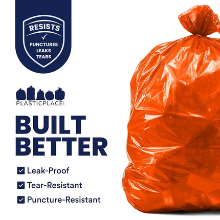 Plasticplace 55-60 Gallon Trash Bags │ 1.2 Mil │ Orange Heavy Duty Garbage Can Liners │ 38” x 58” (50 Count)