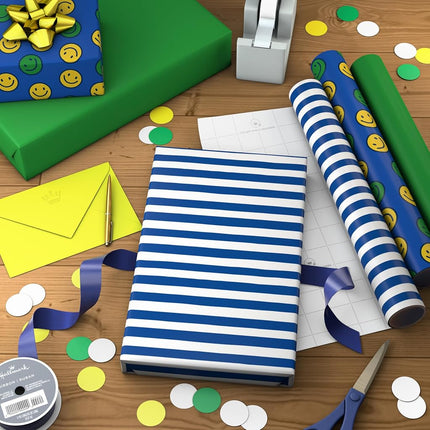 Hallmark Image Arts Birthday Wrapping Paper Mini Rolls, 3-Pack (Blue Stripes, Solid Green, Smiley Faces) for Kids Parties, Graduations, Father's Day, Easter, Any Occasion - 27 Sq. Ft. Total