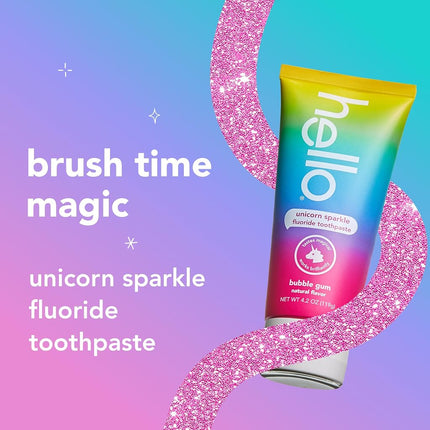 hello Unicorn Sparkle Kids Fluoride Toothpaste, Natural Bubble Gum Flavor, ADA Approved, Ages 2+, No Artificial Sweeteners, No SLS, Gluten Free, Vegan, Pack of 3, 4.2 oz Tubes