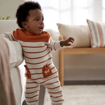 Gerber Baby-Boys Sweater Knit Romper Jumpsuit, Brown Fox, 18 Months