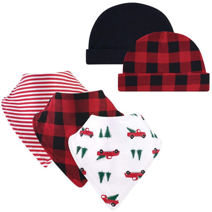 Hudson Baby Juego de babero de algodón y diadema o gorros de bebé unisex, árbol de Navidad, talla única