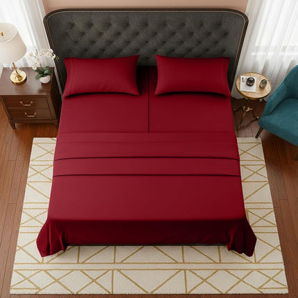 Elegant Comfort Luxurious 1500 Premium Hotel Quality Microfiber Three Line Embroidered Softest 5-Piece Bed Sheet Set, Wrinkle and Fade Resistant, Split King, Burgundy