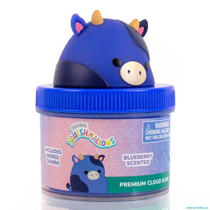 Original Squishmallows Ingrid The Cow Premium Cloud Slime, Blueberry-Scented, 8 oz., Storage Container with Figurine Topper, Rubber Charm, Goodie Bags Stuffers, Kids Party Favors, Sensory Toys