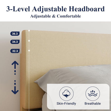Allewie Queen Size Bed Frame with Adjustable Headboard, Upholstered Platform Bed with Wood Slats, Heavy Duty Mattress Foundation, No Box Spring Needed, Noise-Free, Easy Assembly, Beige