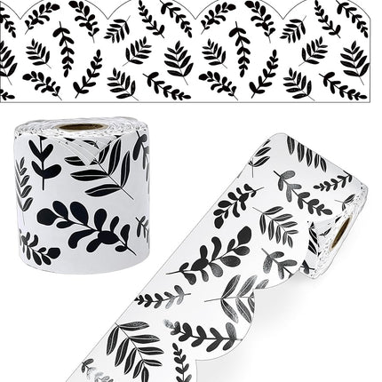 Carson Dellosa Farmhouse 65Ft of Black and White Bulletin Board Borders, 1 Roll of Scalloped Trim with Eucalyptus Leaves for Rolling Whiteboard, Cork and Posterboard, and Classroom Decor