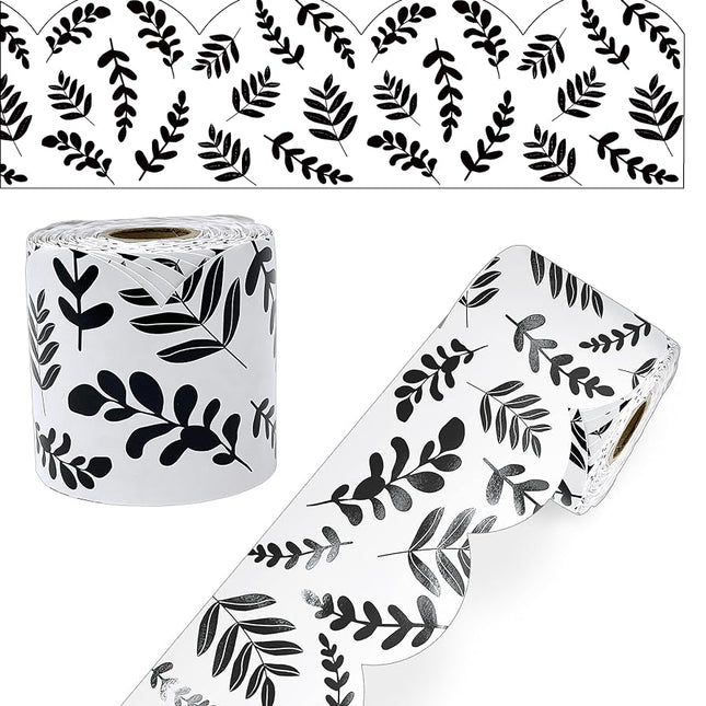 Carson Dellosa Farmhouse 65Ft of Black and White Bulletin Board Borders, 1 Roll of Scalloped Trim with Eucalyptus Leaves for Rolling Whiteboard, Cork and Posterboard, and Classroom Decor