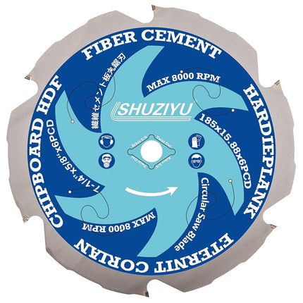 SHUZIYU 7-1/4"(185mm)-6PCD, Arbor 5/8", Polycrystalline Diamond Tipped 6 PCD, Hardie Blade, Fiber Cement Circular Saw Blade