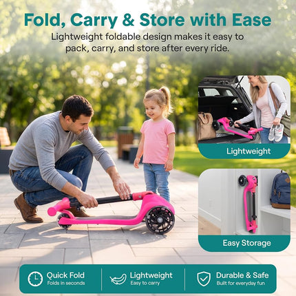 SereneLife Kids Scooter for Ages 3–7 – 3 Wheel Kick Scooter with Seat Option, Light-Up LED Wheels, Lean-to-Steer, Foldable, Adjustable Height, 50 kg Capacity, Pink