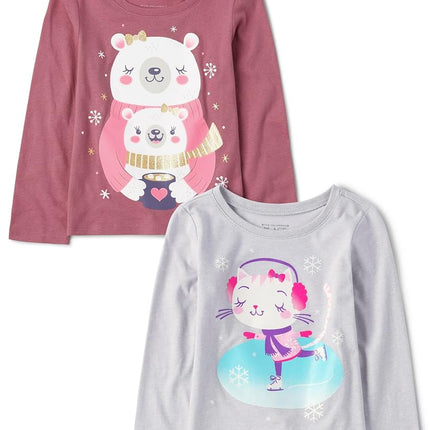 The Children's Place, y camiseta gráfica de manga larga de 2 unidades para niñas pequeñas, diseño de gato patinador sobre hielo/osos polares, 5T