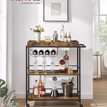 VASAGLE Kitchen Serving Cart with Removable Tray, 3-Tier Kitchen Utility Cart on Wheels with Storage, with Brakes, Leveling Feet, 15.7 x 34.6 x 37.8 Inches, Rustic Brown and Black ULRC093B01