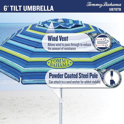 Tommy Bahama 6' UPF 50+ Tilt Beach Umbrella with Wind Vent, Green and Blue Stripe