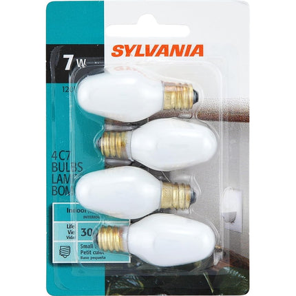 Sylvania Home Lighting 13544 Incandescent Light Bulb C7-7W, White Finish, Candelabra Base, 4 Pack
