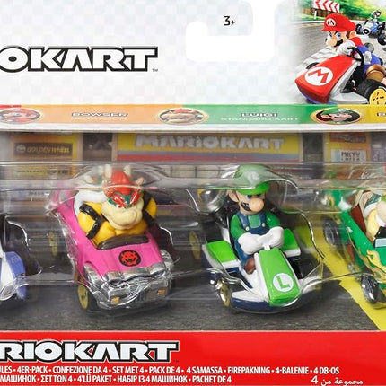 Hot Wheels, Mario Kart, Surprise Pack of 4 Cars, Luigi, Mario, Bowser and Bowser Jr, Toys for Boy, Mattel