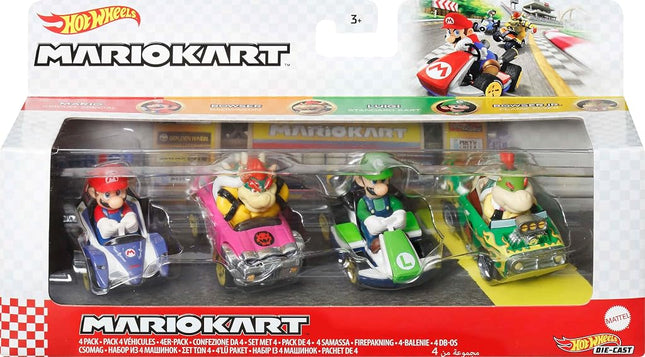 Hot Wheels, Mario Kart, Surprise Pack of 4 Cars, Luigi, Mario, Bowser and Bowser Jr, Toys for Boy, Mattel