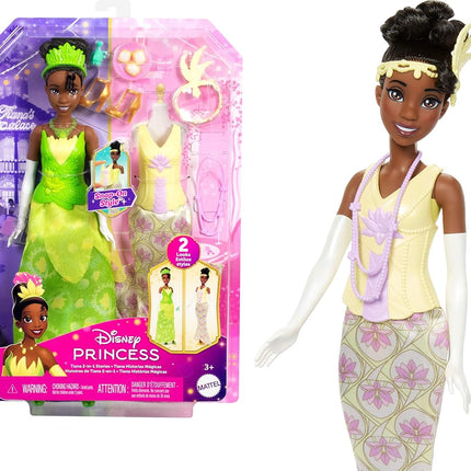 Disney Princess Mattel Toys, Tiana Fashion Doll with 2 Looks, 9 Accessories, 2 Snap-On Bodices & 2 Skirts, 2-in-1 Stories Inspired by Disney Movie
