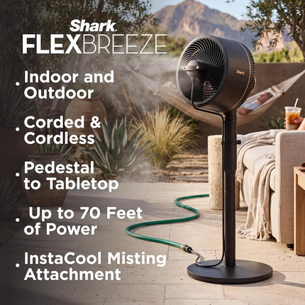 Shark FlexBreeze Pedestal & Tabletop Oscillating Fan with Remote, Indoor & Outdoor, Portable, Corded & Cordless with InstaCool Misting Attachment, White, FA222WH