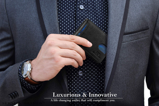SERMAN Brands RFID Blocking Slim Bifold Genuine Leather Minimalist Front Pocket Wallets for Men with Money Clip Thin Mens - Black - Small