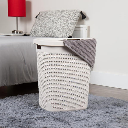Mind Reader Lid, Wicker Design, Plastic, 17.65" L x 13.75" W x 21" H, Ivory 50 Liter Hamper, Single