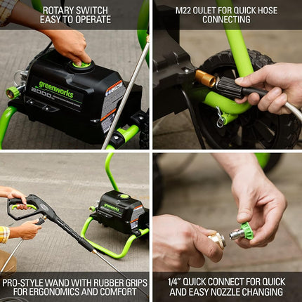 Greenworks 2000 PSI (13 Amp) Electric Pressure Washer (Wheels for Transport / 20 FT Hose / 35 FT Power Cord) Great for Cars, Fences, Patios, Driveways