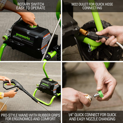 Greenworks Lavadora a presión eléctrica de 2000 PSI (13 amperios) (ruedas para transporte / manguera de 20 pies / cable de alimentación de 35 pies) Ideal para automóviles, cercas, patios, entradas de vehículos