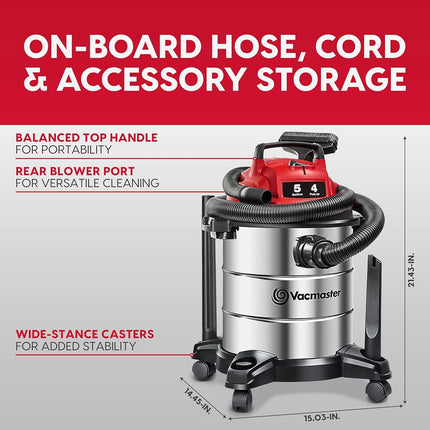Vacmaster Red Edition VOC508S 1101 Stainless Steel Wet Dry Shop Vacuum 5 Gallon 4 Peak HP 1-1/4 inch Hose Powerful Suction with Blower Function