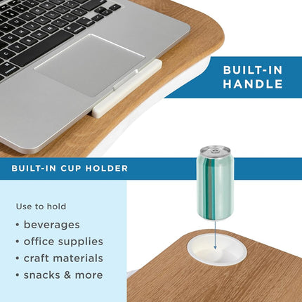 LAPGEAR Cup Holder Lap Desk with Device Ledge - Oak Woodgrain - Fits up to 14 Inch Laptops - Style No. 46329