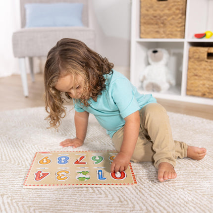 Melissa & Doug Rompecabezas de madera con pestañas de animales y números, paquete de 2 para niños y niñas – Alfabeto, Números