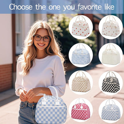 Carry Bloom Lunch Box for Women, Insulated Lunch Bag Cute Corduroy Lunchbag Reusable Lunchbox for Work (Checkered Blue White)