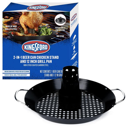 Kingsford Beer Can Chicken Holder & Grill Pan – 2-in-1 Non-Stick Carbon Steel Roasting Rack & 12" Perforated BBQ Pan for Crispy, Juicy Grilled Chicken
