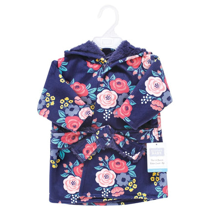 Hudson Baby Infant Girls Mink with Faux Fur Lining Pool and Beach Robe Cover-ups, Navy Bold Floral, 18-24 Months