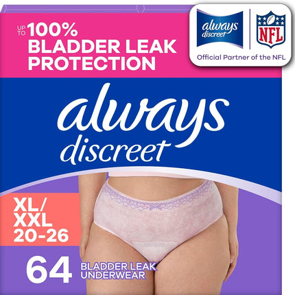 Always Discreet Adult Incontinence Underwear for Women and Postpartum Underwear, XL, Up to 100%* Bladder Leak Protection, 64 CT,