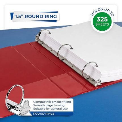 Samsill 1.5 Inch 3 Ring Binders, Made in USA, Economy Round Ring, Clear View Cover, 325 Sheet Capacity - for School, Home, Office - Red, 12 Pack