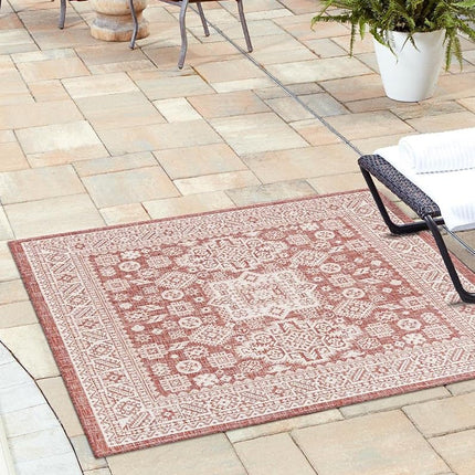 Tapis d'extérieur Unique Loom Collection Aztec - Chalca (1,60 m x 1,60 m, Rouge rouille/Ivoire)