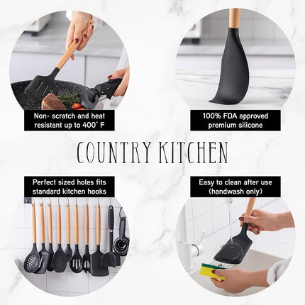 Country Kitchen Non Stick Silicone Utensil Set with Rounded Wood Handles for Cooking and Baking, 38 Piece Set, Green